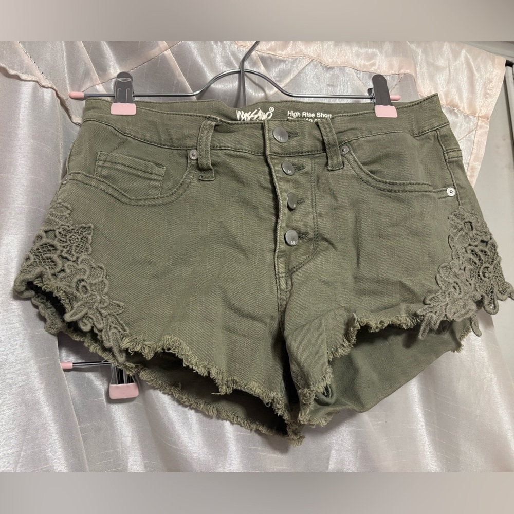 Olive High-Rise Lace-Trim Denim Shorts